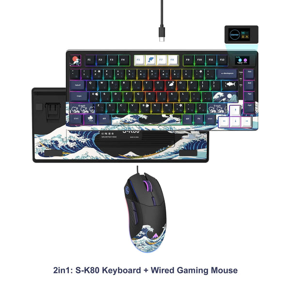 Planet Gates BLUE / White Switch womier SK80 Gasket Mounted Mechanical Keyboard  81 Key Gamer Keyboard 75% Hot Swap RGB Gaming Keyboard with Smart Display for PC
