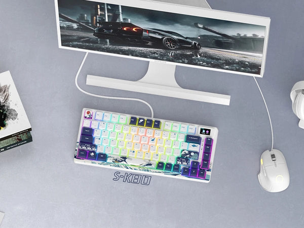 Planet Gates BLUE / White Switch womier SK80 Gasket Mounted Mechanical Keyboard  81 Key Gamer Keyboard 75% Hot Swap RGB Gaming Keyboard with Smart Display for PC