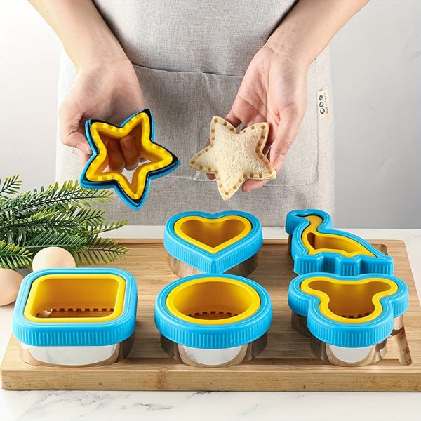 Planet Gates Blue Yellow 6-piece Set 1 stainless steel bear shaped cutting mold, sandwich cutting mold with hand protector, bread mold, multifunctional sandwich, toast, fruit cutting mold, biscuit mold, DIY baking mold