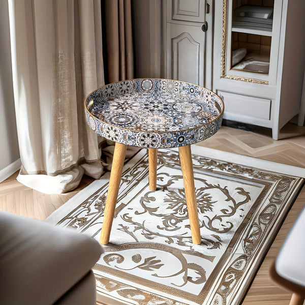 Planet Gates Bohemian Gray And Blue Tray Bohemian Style Small Sculpture Decoration Versatile Wooden Tray Coffee Table with Detachable Legs for Living Room Home Decor