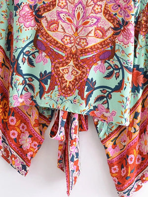 Planet Gates Boho Vintage Floral Print Beach Summer Short Kimono Women Fashion Ladies Casual V Neck Batwing Sleeves Bohemian Cover-ups