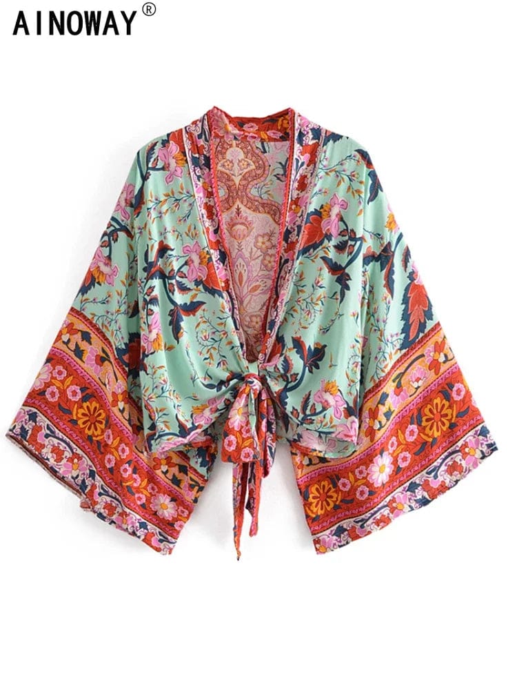 Planet Gates Boho Vintage Floral Print Beach Summer Short Kimono Women Fashion Ladies Casual V Neck Batwing Sleeves Bohemian Cover-ups