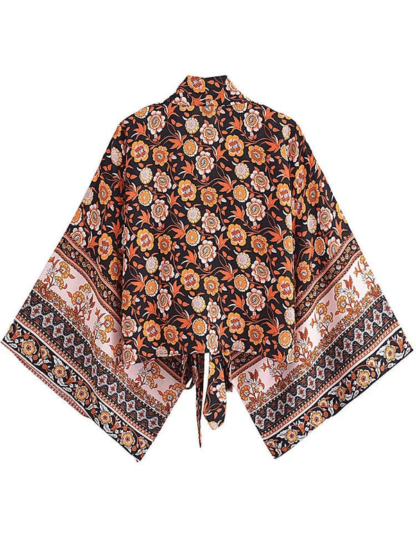 Planet Gates Boho Vintage Floral Print Beach Summer Short Kimono Women Fashion Ladies Casual V Neck Batwing Sleeves Bohemian Cover-ups