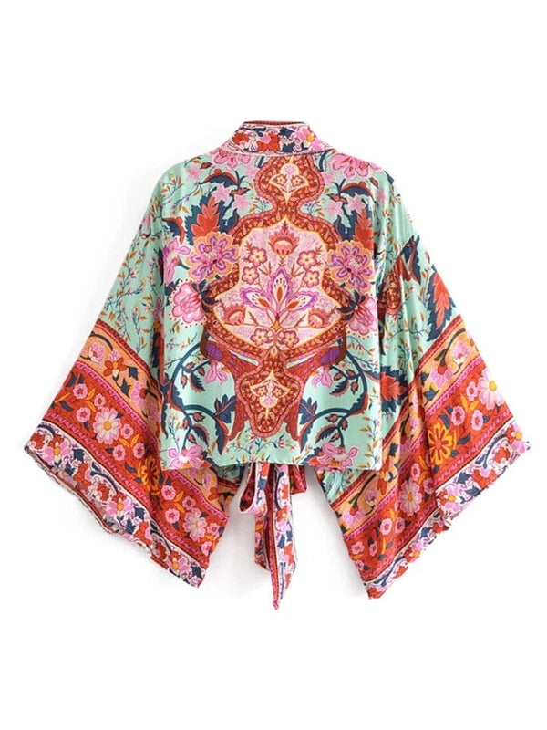Planet Gates Boho Vintage Floral Print Beach Summer Short Kimono Women Fashion Ladies Casual V Neck Batwing Sleeves Bohemian Cover-ups