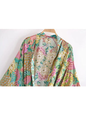Planet Gates Boho Vintage Green Peacock Floral Print Sashes Bohemian Kimono Women V Neck Batwing Sleeves Happie Short Robe Bikini Cover-ups