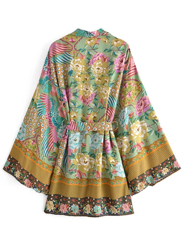Planet Gates Boho Vintage Green Peacock Floral Print Sashes Bohemian Kimono Women V Neck Batwing Sleeves Happie Short Robe Bikini Cover-ups