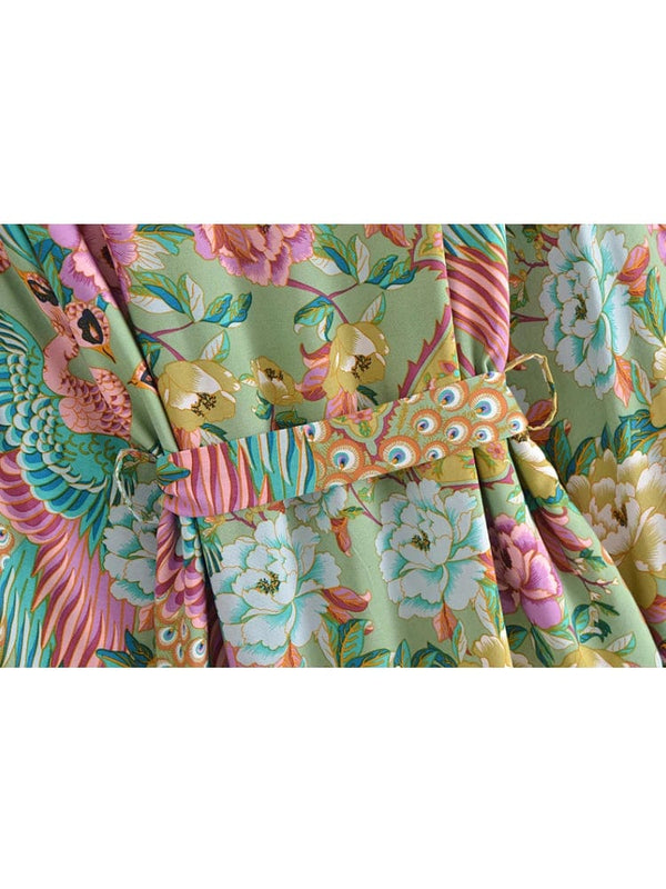 Planet Gates Boho Vintage Green Peacock Floral Print Sashes Bohemian Kimono Women V Neck Batwing Sleeves Happie Short Robe Bikini Cover-ups