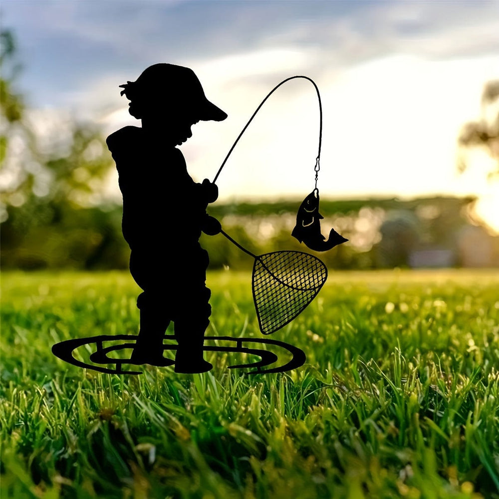 Planet Gates Boy 1 szt. Sylwetka chłopca, wędkarz, metalowy palik ogrodowy, rzeźba, rustykalny palik ogrodowy, dekoracja ogrodowa