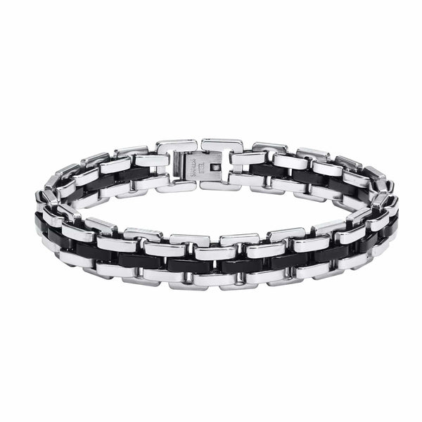 Planet Gates BR-1318S / 21cm Vnox 11mm Watchband Shaped Chain Bracelet for Men Teens Boys,Strap Chain Bracelets, Black Silver Color Stainless Steel Wristband