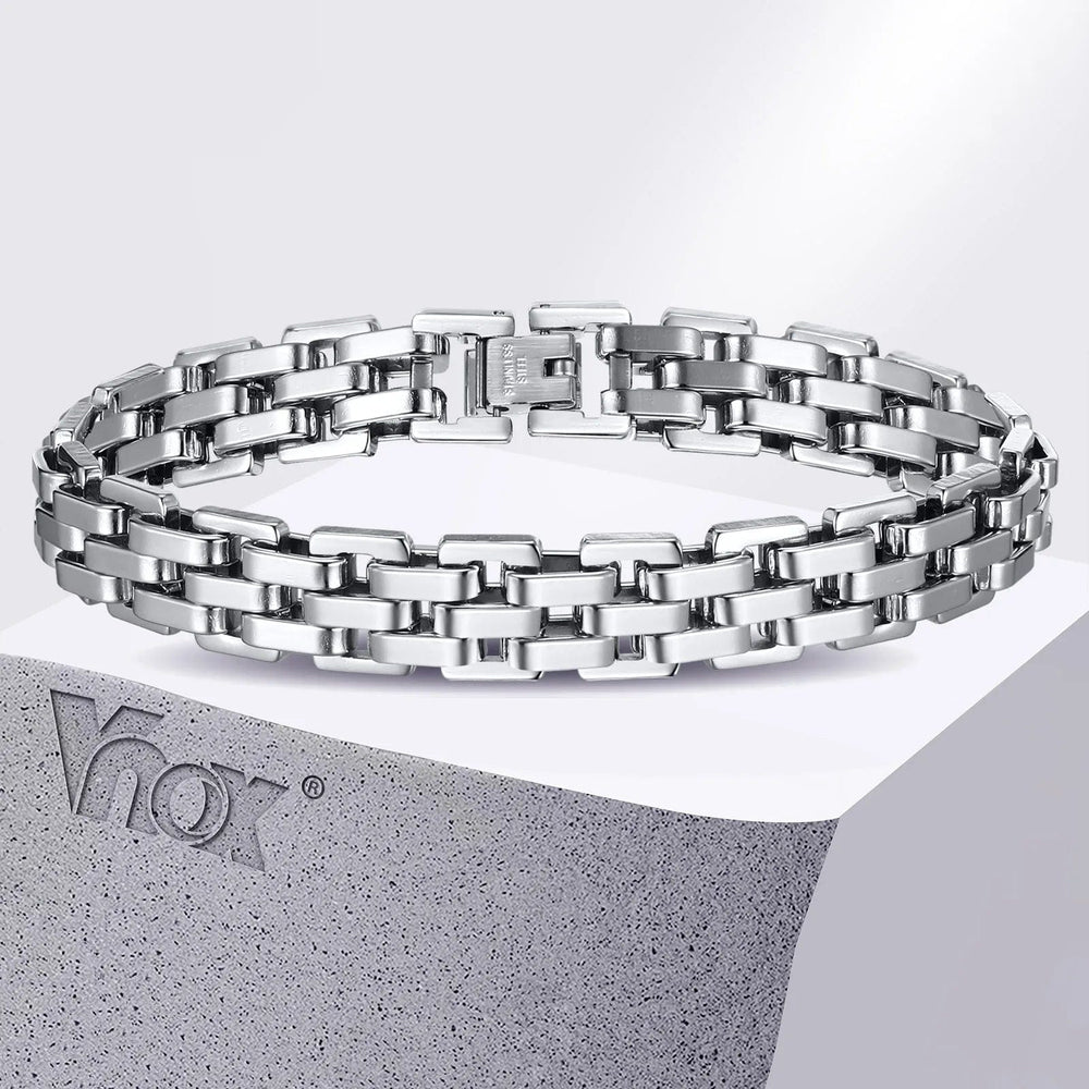 Planet Gates BR-1318S / 21cm Vnox 11mm Watchband Shaped Chain Bracelet for Men Teens Boys,Strap Chain Bracelets, Black Silver Color Stainless Steel Wristband