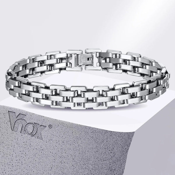 Planet Gates BR-1318S / 21cm Vnox 11mm Watchband Shaped Chain Bracelet for Men Teens Boys,Strap Chain Bracelets, Black Silver Color Stainless Steel Wristband
