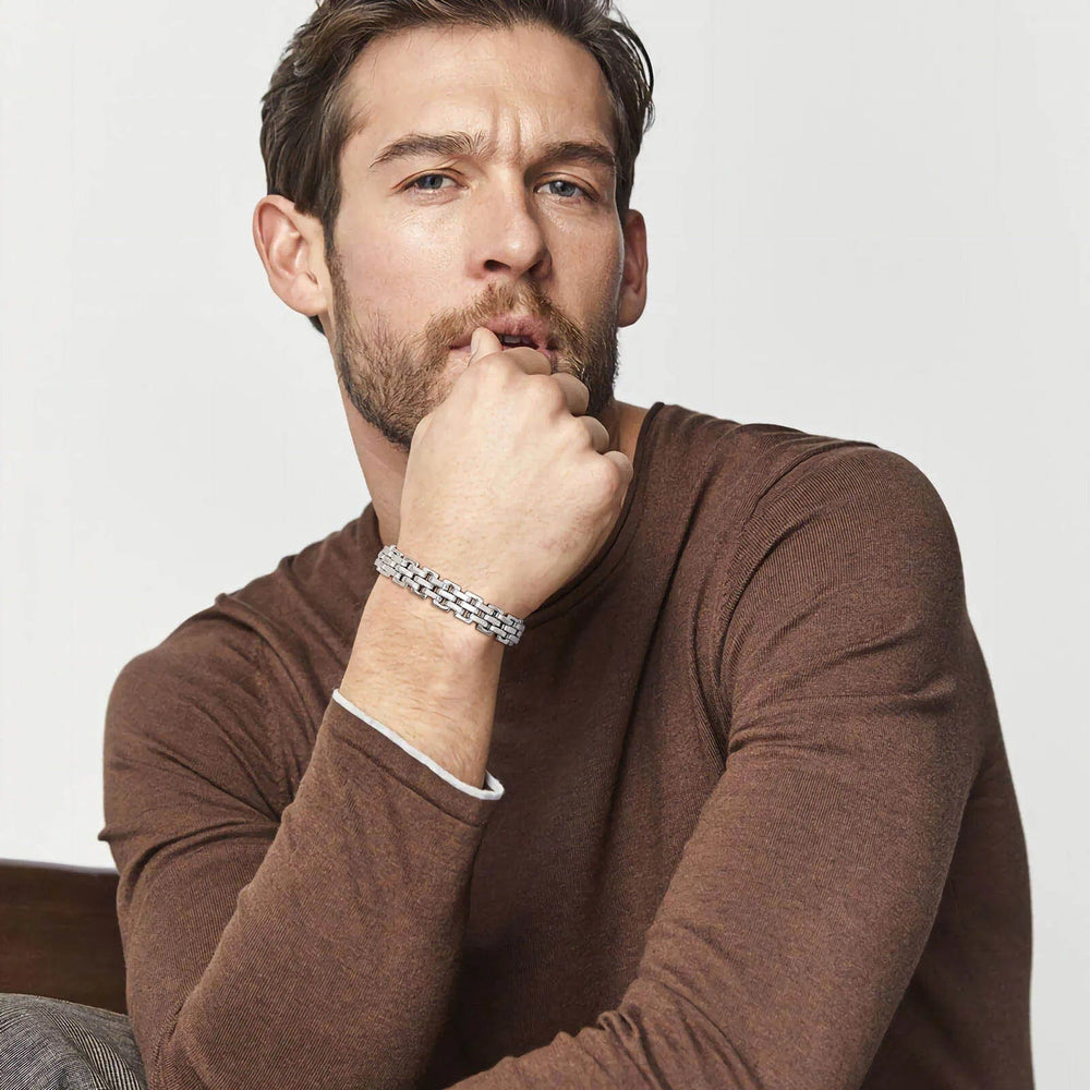 Planet Gates BR-1318S / 21cm Vnox 11mm Watchband Shaped Chain Bracelet for Men Teens Boys,Strap Chain Bracelets, Black Silver Color Stainless Steel Wristband