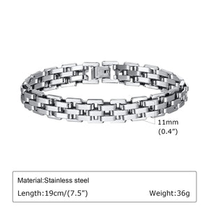 Planet Gates BR-1318S / 21cm Vnox 11mm Watchband Shaped Chain Bracelet for Men Teens Boys,Strap Chain Bracelets, Black Silver Color Stainless Steel Wristband