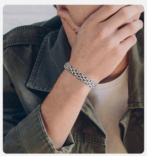 Planet Gates BR-1318S / 21cm Vnox 11mm Watchband Shaped Chain Bracelet for Men Teens Boys,Strap Chain Bracelets, Black Silver Color Stainless Steel Wristband