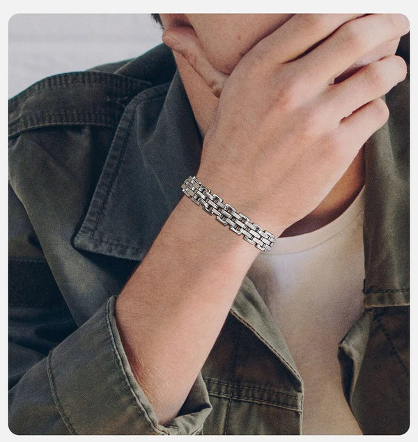 Planet Gates BR-1318S / 21cm Vnox 11mm Watchband Shaped Chain Bracelet for Men Teens Boys,Strap Chain Bracelets, Black Silver Color Stainless Steel Wristband