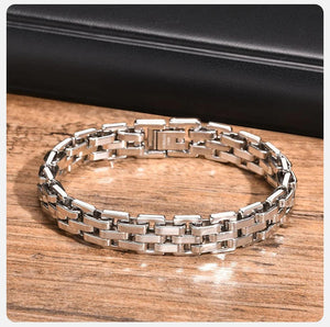 Planet Gates BR-1318S / 21cm Vnox 11mm Watchband Shaped Chain Bracelet for Men Teens Boys,Strap Chain Bracelets, Black Silver Color Stainless Steel Wristband