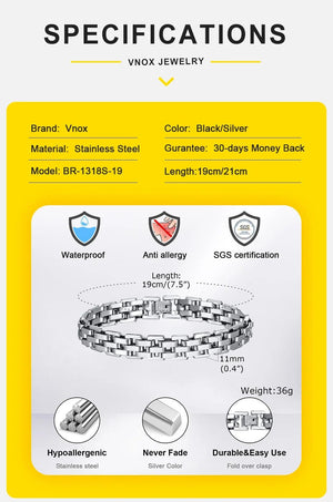 Planet Gates BR-1318S / 21cm Vnox 11mm Watchband Shaped Chain Bracelet for Men Teens Boys,Strap Chain Bracelets, Black Silver Color Stainless Steel Wristband
