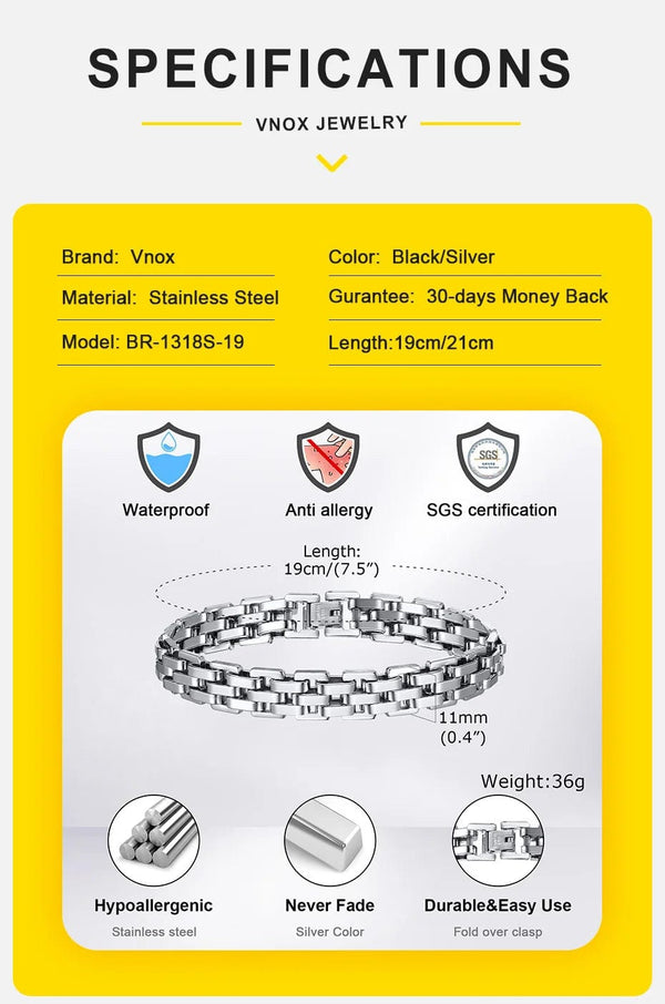 Planet Gates BR-1318S / 21cm Vnox 11mm Watchband Shaped Chain Bracelet for Men Teens Boys,Strap Chain Bracelets, Black Silver Color Stainless Steel Wristband
