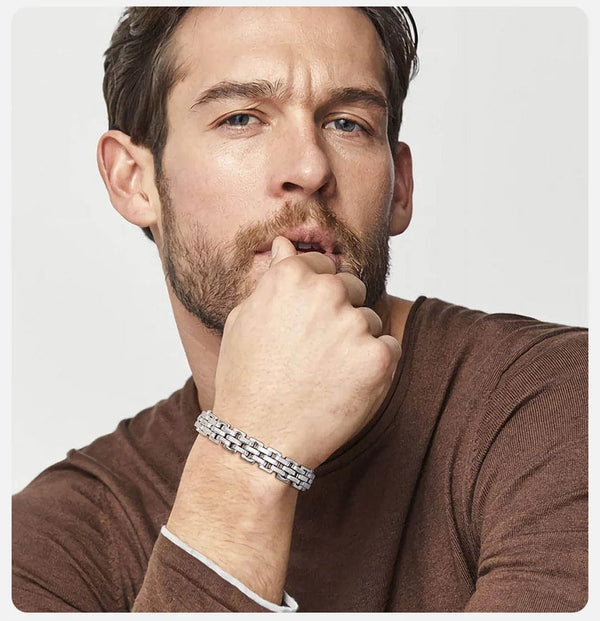 Planet Gates BR-1318S / 21cm Vnox 11mm Watchband Shaped Chain Bracelet for Men Teens Boys,Strap Chain Bracelets, Black Silver Color Stainless Steel Wristband