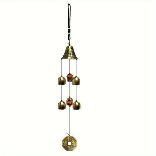 Planet Gates Bronze 1pc Lucky Wind Chimes Copper Alloy Dragon Wind Chimes With 6 Bells Hanging Wind Bell For Home Garden For Good Luck Blessing, Yard Art Decor