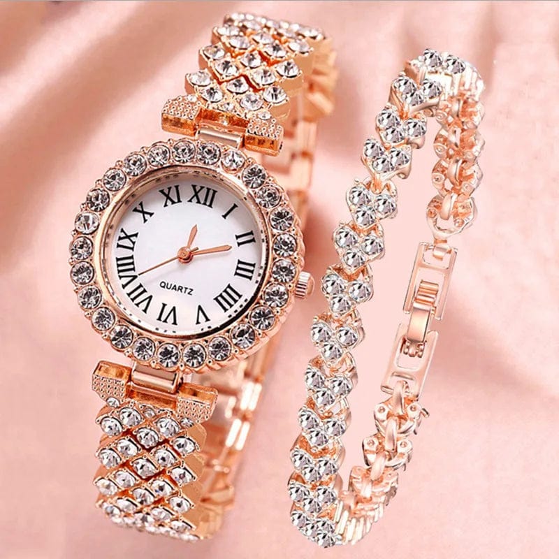 Planet Gates Silver 2pcs Luxury Women Rhinestone Rose Gold Watch Fashion Ladies Quartz Diamond Wristwatch Elegant Female Bracelet Watches Set Gift