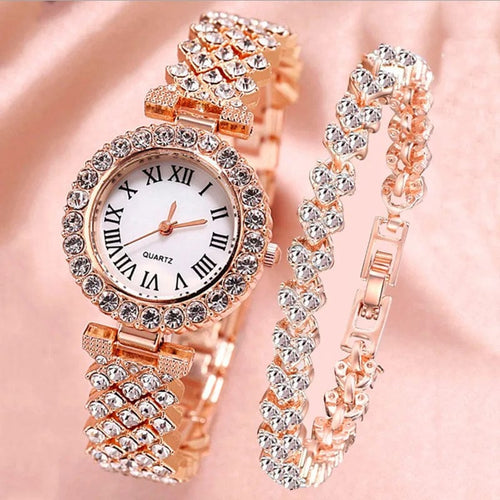 Planet Gates BRONZE 2pcs Luxury Women Rhinestone Rose Gold Watch Fashion Ladies Quartz Diamond Wristwatch Elegant Female Bracelet Watches Set Gift