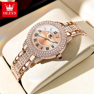 Planet Gates BRONZE OLEVS Full Diamond Roman Dial Watch Women Luxury Elegant Stainless steel Waterproof High Quality Quartz Women's Watches 9943