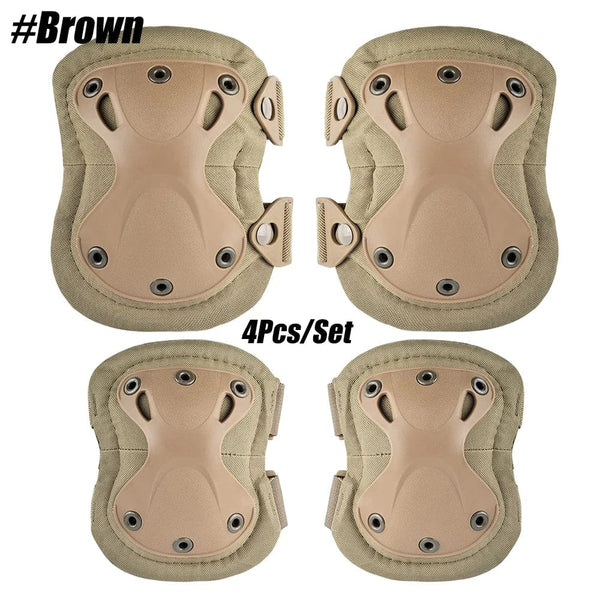 Planet Gates Brown- 4Pcs / One Size 4Pcs/Set Military Tactical Multicam Knee & Elbow Pads,Adjustable Skate Protective Pad Army Combat Airsoft Hunting Safety Gear