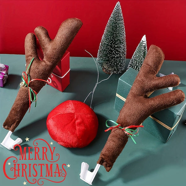 Planet Gates Brown-Christmas-zukmi Car Reindeer Antlers & Nose - Window Roof-Top & Grille Rudolph Reindeer Jingle Bell Christmas Costume - Auto Accessories Decoration Kit