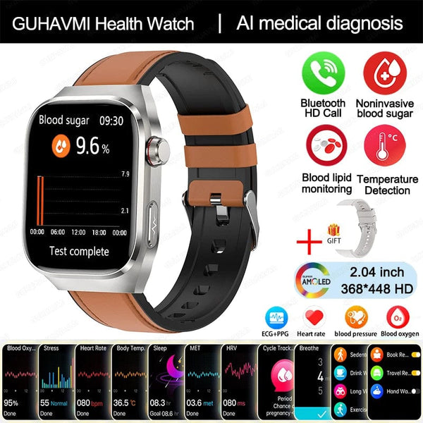 Planet Gates Brown Leather / Medical grade 2024 New Uric Acid Blood Fat Smartwatch ECG Blood Glucose Heart Rate Blood Pressure Health Monitoring Smart Watch For HUAWEI IOS