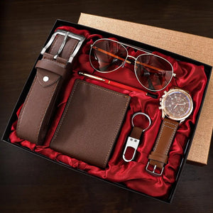 Planet Gates BROWN SHAARMS Men Gift Watch Business Luxury Company Mens Set 6 in 1 Watch Glasses Pen Keychain Belt Purse Welcome Holiday Birthday