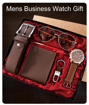 Planet Gates BROWN SHAARMS Men Gift Watch Business Luxury Company Mens Set 6 in 1 Watch Glasses Pen Keychain Belt Purse Welcome Holiday Birthday