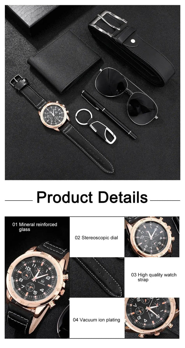 Planet Gates BROWN SHAARMS Men Gift Watch Business Luxury Company Mens Set 6 in 1 Watch Glasses Pen Keychain Belt Purse Welcome Holiday Birthday