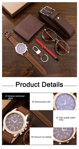 Planet Gates BROWN SHAARMS Men Gift Watch Business Luxury Company Mens Set 6 in 1 Watch Glasses Pen Keychain Belt Purse Welcome Holiday Birthday