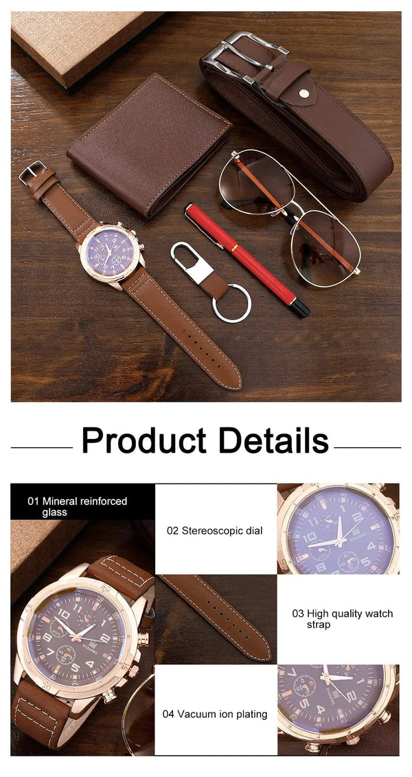 Planet Gates BROWN SHAARMS Men Gift Watch Business Luxury Company Mens Set 6 in 1 Watch Glasses Pen Keychain Belt Purse Welcome Holiday Birthday