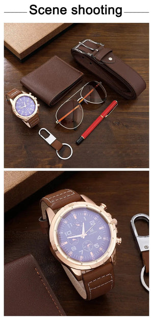 Planet Gates BROWN SHAARMS Men Gift Watch Business Luxury Company Mens Set 6 in 1 Watch Glasses Pen Keychain Belt Purse Welcome Holiday Birthday