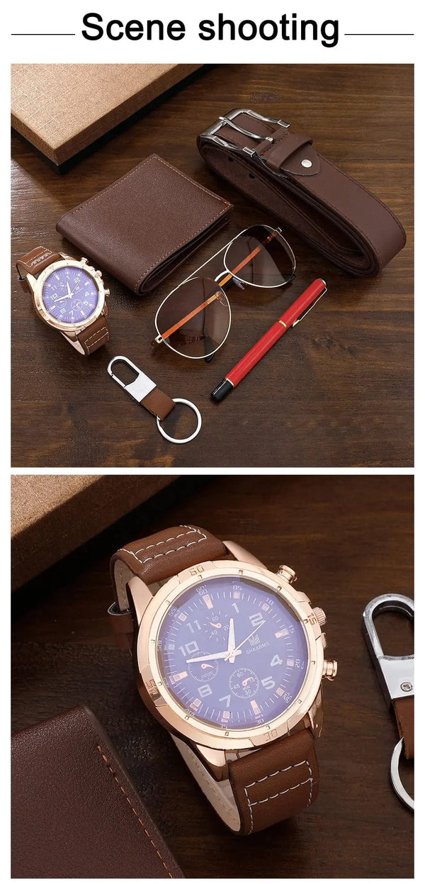 Planet Gates BROWN SHAARMS Men Gift Watch Business Luxury Company Mens Set 6 in 1 Watch Glasses Pen Keychain Belt Purse Welcome Holiday Birthday