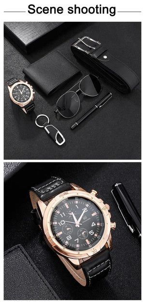 Planet Gates BROWN SHAARMS Men Gift Watch Business Luxury Company Mens Set 6 in 1 Watch Glasses Pen Keychain Belt Purse Welcome Holiday Birthday