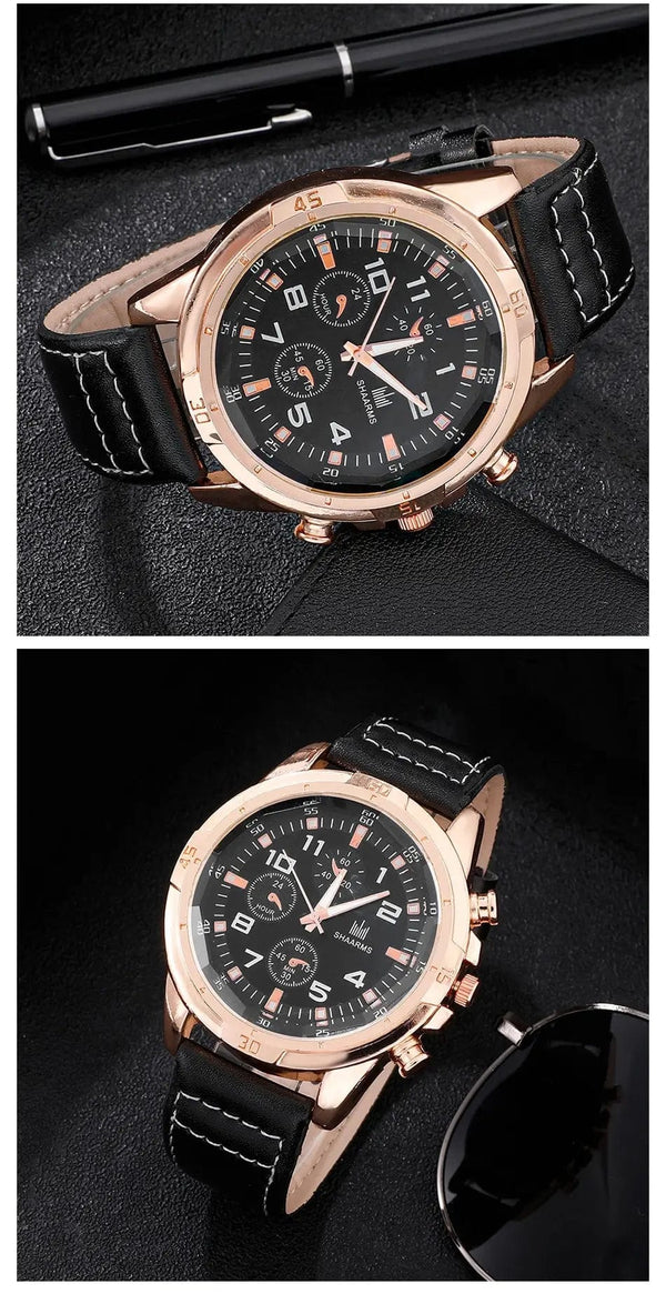 Planet Gates BROWN SHAARMS Men Gift Watch Business Luxury Company Mens Set 6 in 1 Watch Glasses Pen Keychain Belt Purse Welcome Holiday Birthday