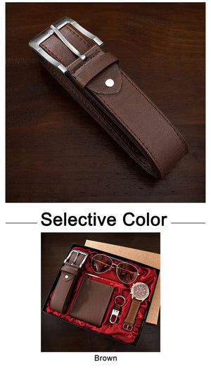 Planet Gates BROWN SHAARMS Men Gift Watch Business Luxury Company Mens Set 6 in 1 Watch Glasses Pen Keychain Belt Purse Welcome Holiday Birthday