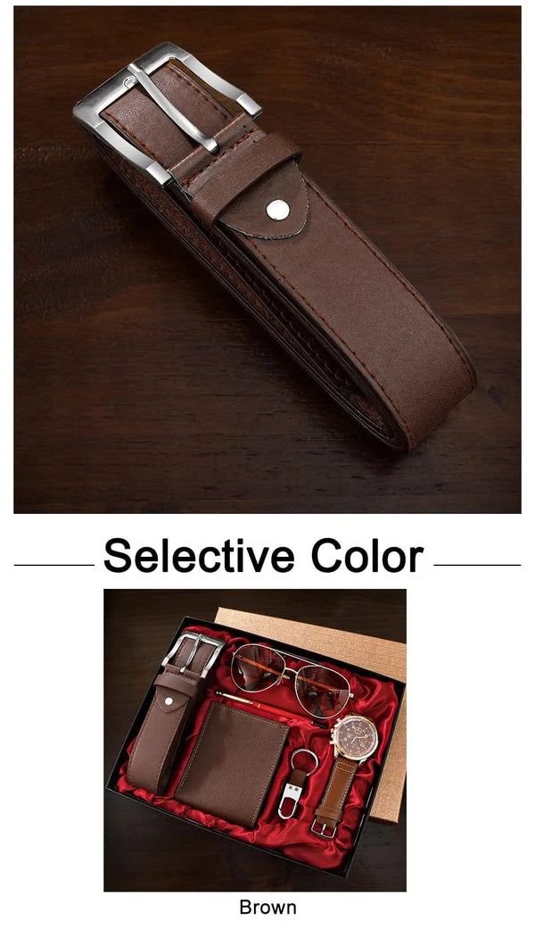 Planet Gates BROWN SHAARMS Men Gift Watch Business Luxury Company Mens Set 6 in 1 Watch Glasses Pen Keychain Belt Purse Welcome Holiday Birthday