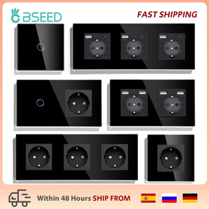 Planet Gates BSEED Touch Light Switch With EU USB Wall Sockets Black Wall Led Switches 1/2/3Gang 1Way Crystal Dark Blue Backlight Wall Switch