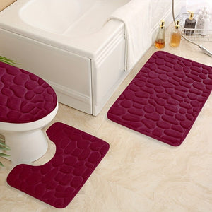 Planet Gates Burgundy color 3pcs/set, Memory Foam Bathroom Rugs Set, Cobblestone Embossed Ultra Soft Non-Slip Bath Rug & Absorbent Bath Mat Carpets, Includes U-Shaped Contour Rug, Perfect For Bathroom/Shower, Bathroom Supplies