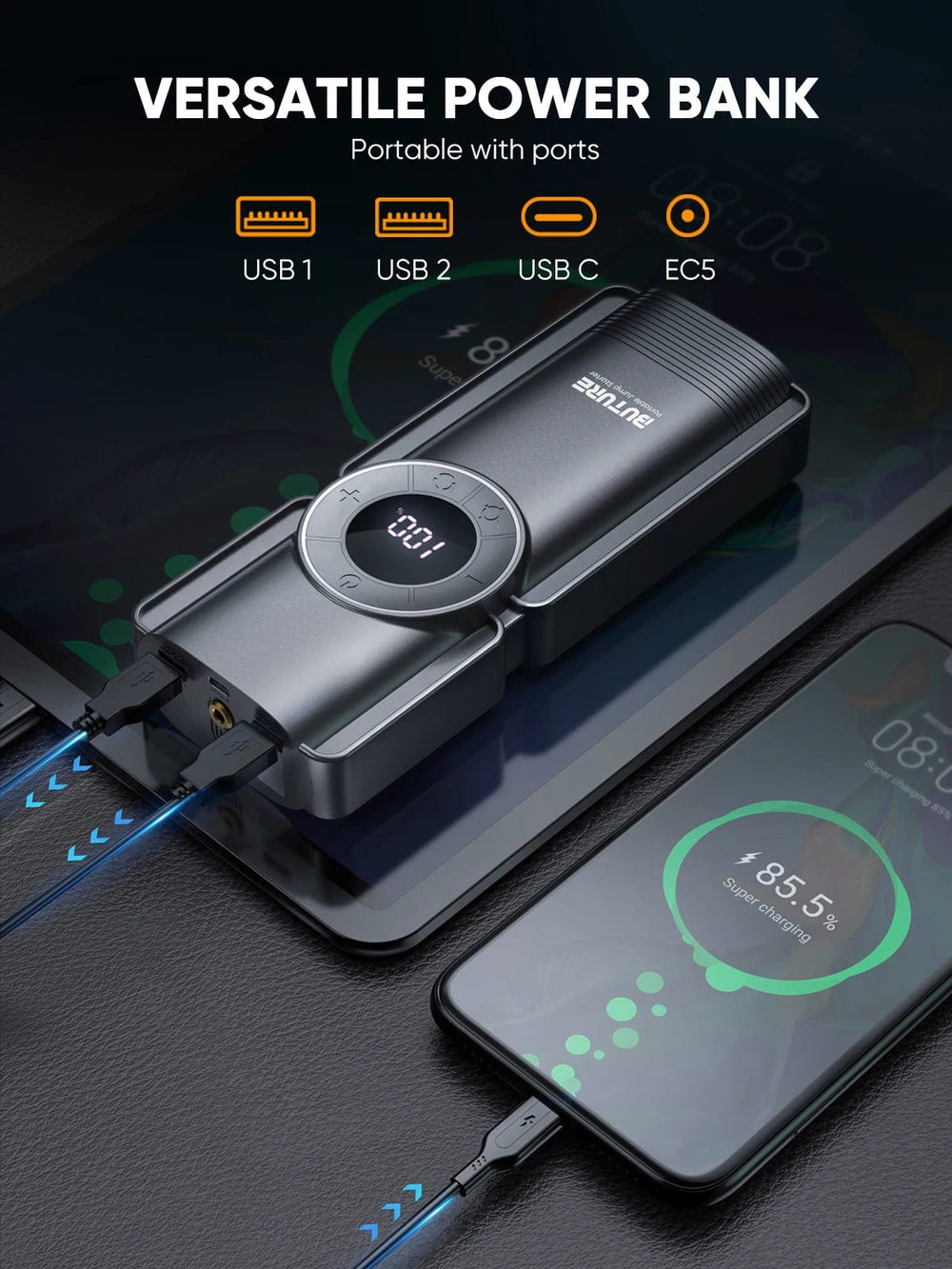 Planet Gates Buture 4 In 1 Jump Starter 150PSI Pump Air Compressor 20000mAh Power Bank 2500A Starting Device 15V Digital Tire Inflator