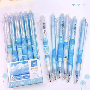 Planet Gates C-6pcs black ink 6pcs Erasable Gel Pens Romantic Flowers Blue Black Ink Signature Pens with Erasers 0.5mm Cute Pens Writing Tools Office School