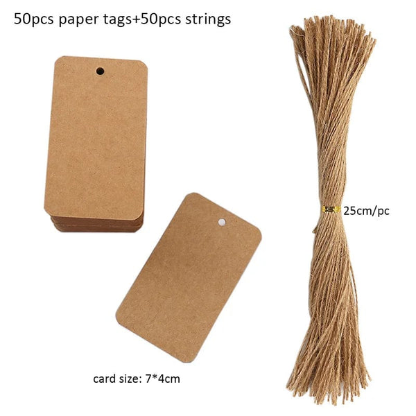 Planet Gates C-7x4cm-kraft 50pcs Kraft Paper Tags White Cardboard Cards with Strings Wedding Birthday Christmas Party Gift Tag Cookie Packaging Supplies