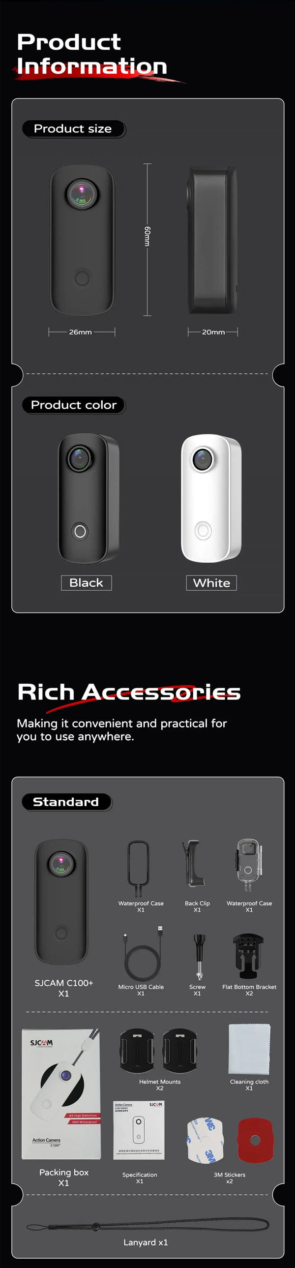 Planet Gates C100 Black / Standard SJCAM C100 Plus Action Camera 4K 30M Waterproof 2.4G WiFi Action Sport action cam EIS bicycle helmet motorcycles