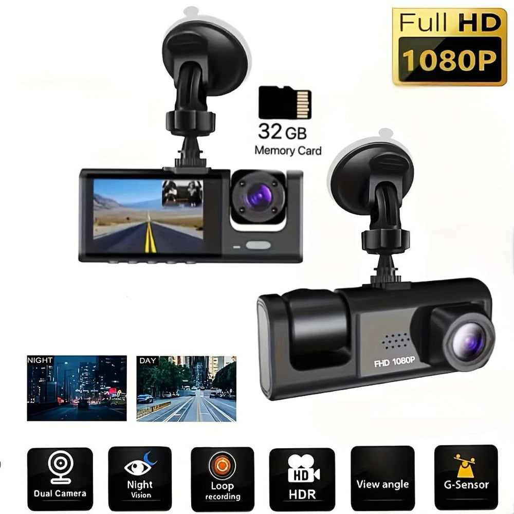 Planet Gates C309-32G Dash Cam For Cars, Front And Inside, 1080P Dual Camera With IR Night Vision, Loop Recording, Car DVR Black- Box With 5.08 Cm IPS Screen