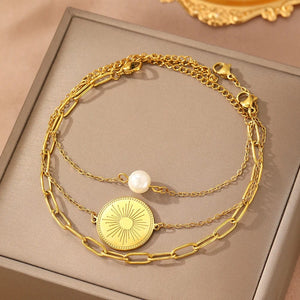 Planet Gates C6435 Stainless Steel Bracelet Triple Stacked Circle Imitation Pearl Vintage Elegant Bracelet Ladies Jewelry Birthday Anniversary Gift