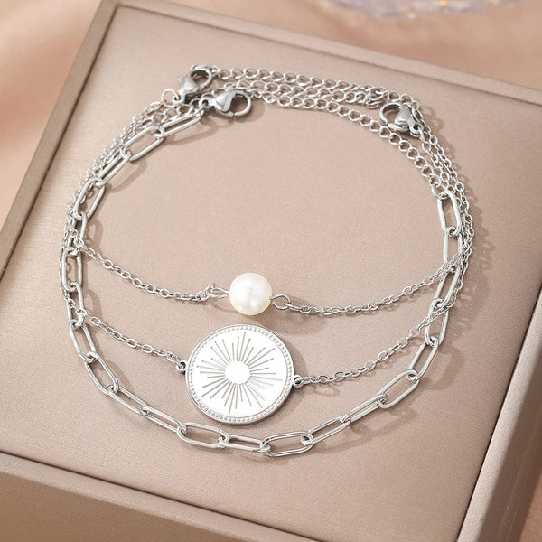 Planet Gates C6436 Stainless Steel Bracelet Triple Stacked Circle Imitation Pearl Vintage Elegant Bracelet Ladies Jewelry Birthday Anniversary Gift
